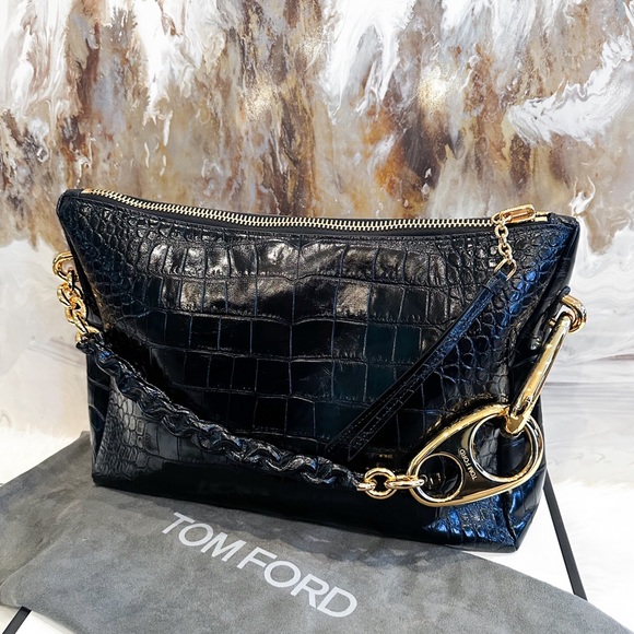 IN STORES  $5200 Tom Ford Black Croc Embossed Leather Carine Large Hobo Bag - Picture 1 of 16